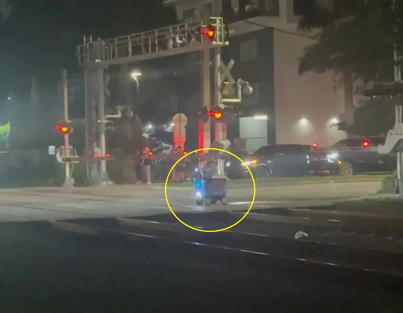 thumbnail - 사고 직전 기찻길에서 동작을 멈춘 배달 로봇. 영상 캡처