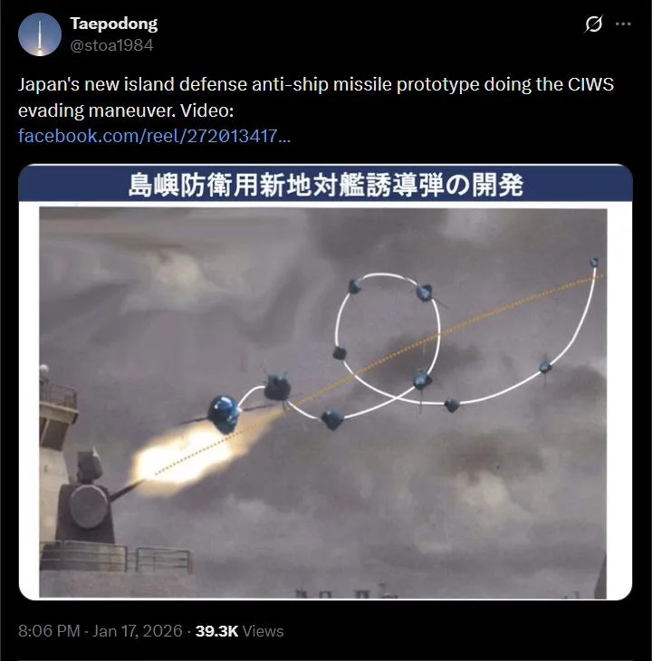 thumbnail - 일본 방위장비청(ATLA) 자료를 바탕으로 한 개념 이미지. 신형 SSM이 종말 단계에서 배럴 롤 기동을 수행하며 함정의 근접방어체계(CIWS)를 회피하는 시나리오를 시각화했다. SNS 캡처