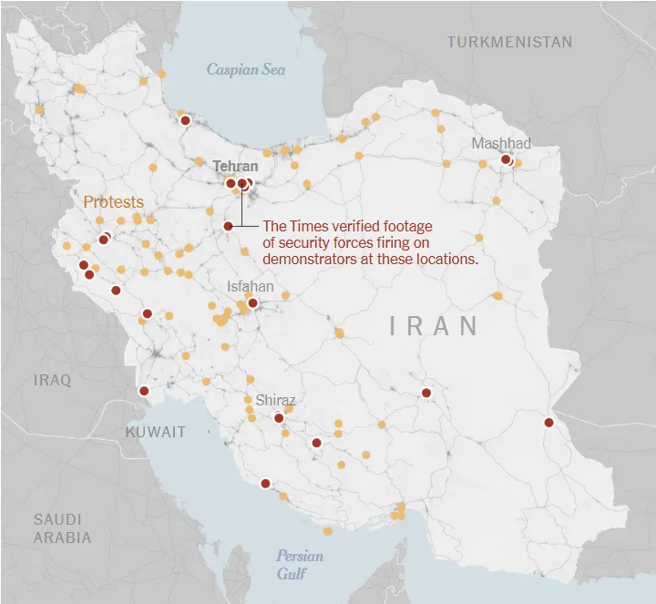 thumbnail - 이란 전역 시위 지도. 붉은 점은 보안군의 시위대 실탄 사격이 확인된 지역으로, 뉴욕타임스(NYT)가 검증한 영상 위치를 표시했다. 노란 점은 시위 발생 지역. ISW·AEI 산하 ‘크리티컬 스레츠 프로젝트’ 및 NYT 자료 종합
