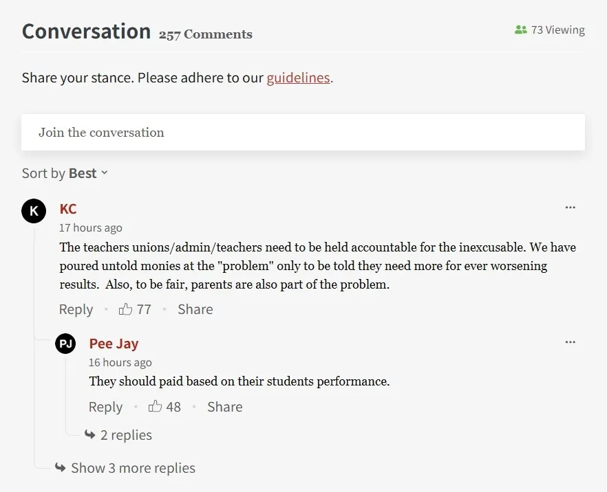 thumbnail - 뉴욕포스트 기사에 달린 독자 댓글들. Z세대 학습 능력 논란을 두고 교육 시스템과 기술 환경을 비판하는 반응이 이어졌다. 뉴욕포스트 캡처