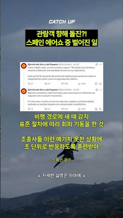 thumbnail - (영상) 새 떼 피하려다…30만 관객 위로 급강하한 스페인 전투기