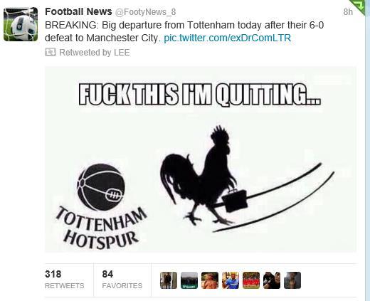 토트넘 앰블럼 속 ‘닭’이 ‘일을 그만두겠다’고 말하는 모습을 표현한 이미지(트위터)