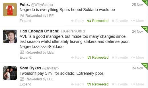 ▲SNS상에서 네그레도와 솔다도를 비교하고 있는 현지팬들(출처 트위터)