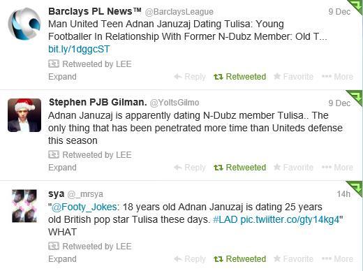 야누자이와 터리사의 열애설에 대한 팬들의 반응(트위터)