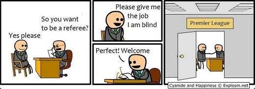 트위터에서 팬들 사이에 화제가 된 카툰. EPL 주심이 되려면 ‘장님’이면 된다는 메시지가 담겨있다.