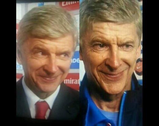 드락슬러 영입에 대한 질문을 받자 묘한 웃음을 짓고 있는 벵거 감독(오른쪽), 왼쪽 사진은 외질 영입이 임박했을 당시 같은 표정을 짓고 있는 벵거 감독