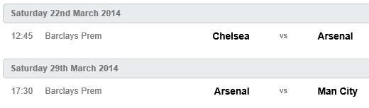 3월 23일 첼시 대 아스널, 30일 아스널 대 맨시티 경기 일정(스카이스포츠 캡쳐) 