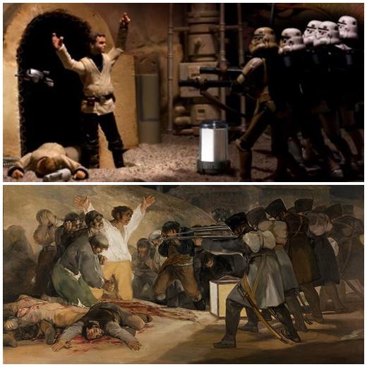 (위) ‘스타워즈 피겨’로 재현한 ‘1808년 5월 3일의 처형’, (아래) 고야의 ‘1808년 5월 3일의 처형’