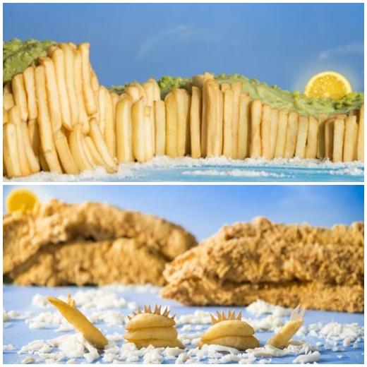 (위) 감자튀김으로 만든 도버 해안 절벽 (아래) 네스 호 괴물