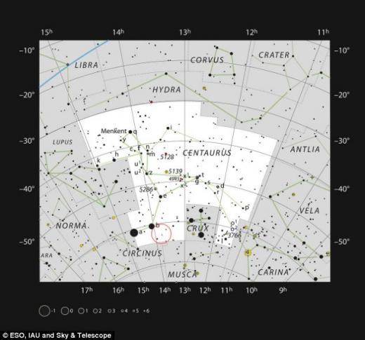 황색 극대거성 HR 5171 A는 붉은색 동그라미 내부에 위치한다. (ESO)