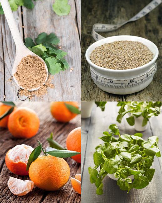 고수(왼쪽부터 순서대로), 치아 씨앗, 감귤류, 물냉이