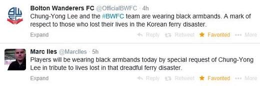 이청용의 특별요청으로 선수단 전원이 검은 완장을 차고 출전했다는 사실을 알리는 볼튼 FC 공식 SNS와 현지 기자