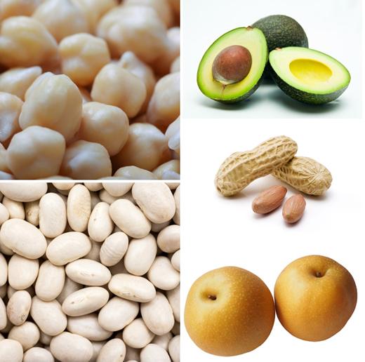 병아리콩(왼쪽부터 시계방향으로), 아보카도, 땅콩, 배, 흰강낭콩