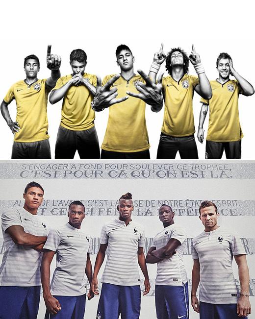 최고의 디자인으로 선정된 브라질(홈, 위)과 프랑스(어웨이) 유니폼