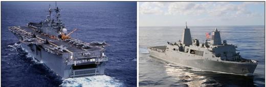 미 해군의 주력 상륙함인 와스프급(左)와 샌안토니오급(右). 각각 5만톤과 3만톤에 육박하는 이들 상륙함들은 대량의 항공기 또는 고속 공기부양정을 싣고 수평선 너머에서부터 상륙작전을 수행하는 강력한 군함들이다.