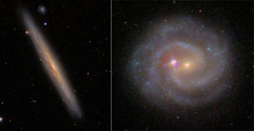나선은하 NGC 3501(왼쪽)과 NGC 3507의 비교 모습.