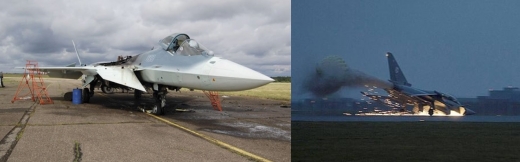 엔진 화재로 파괴된 PAK-FA T-50 전투기와 랜딩기어 문제로 동체 착륙하고 있는 유로파이터 전투기