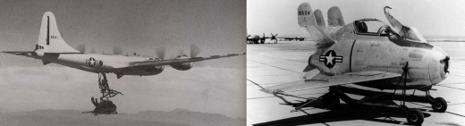 미 공군 B-36 폭격기 개조 공중항모(왼쪽)와 여기에 탑재되었던 XF-85 전투기(오른쪽)