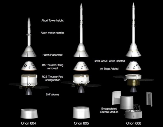 오리온 CEV의 구조. 원뿔 모양의 본체 아래는 서비스 모듈이며, 위에 보이는 고깔모자 같은 구조물이 비상 탈출 장치다.