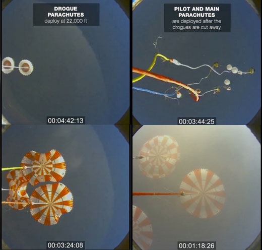 오리온 우주선 내부서 밖을 관측한 모습. 낙하산이 연이어 펴지고 있다.