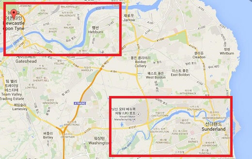 ‘타인위어더비’ 명칭의 유래가 된 타인강과 위어강의 위치(출처 구글맵),