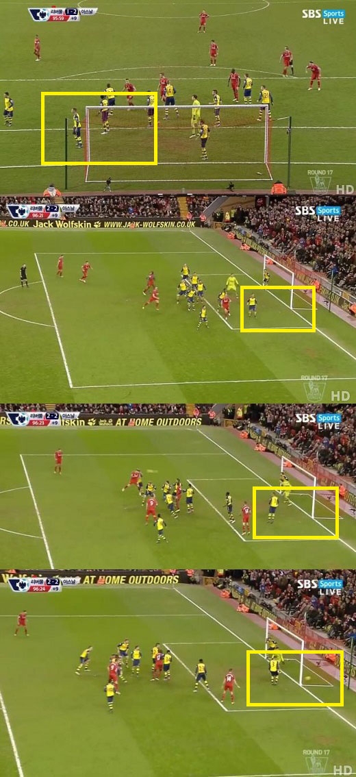 사진 2. 리버풀전, 골포스트를 완전히 비운 깁스