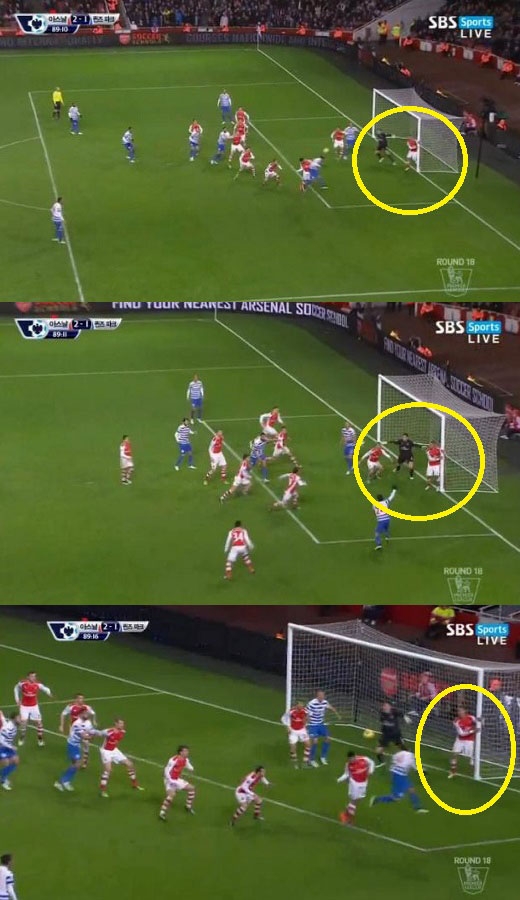 사진 3. QPR전 골포스트를 끌어안고 있는 깁스