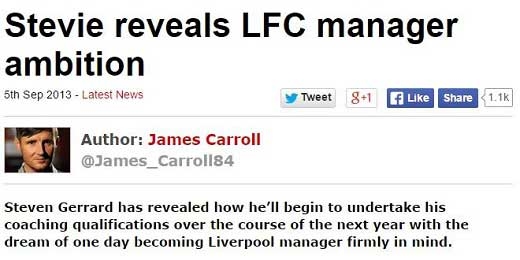 2013년리버풀 감독이 되고 싶은 뜻을 드러냈던 제라드(리버풀 공식홈페이지)