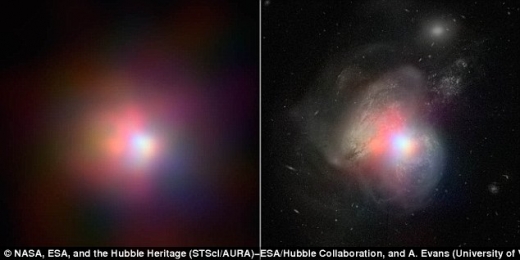 누스타가 수집한 새로운 X선 데이터를 허블 망원경의 가시광선 영역의 데이터와 합성함으로써 오른쪽 은하의 블랙홀이 가스를 게걸스럽게 집어삼키는 ‘괴물’임이 명확히 드러났다.