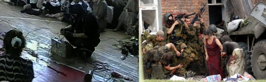 베슬란 학교 테러 사건 당시 인질 주위에 부비트랩을 설치 중인 테러리스트와 탈출하는 인질