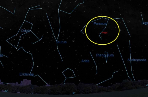 ‘악마의 별’ 알골이 있는 별자리. 요즘 북반구 중위도 지방에서 밤 8시쯤 서쪽 하늘을 보면 페르세우스자리에서 반짝이는 모습(노란 선안의 붉은 점)을 볼 수 있다.