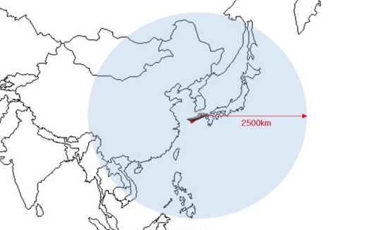 세종대왕급 성능 개량시 미사일 방어 가능 영역