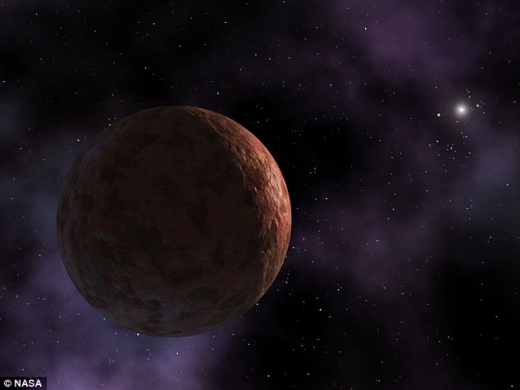 세드나는 약 지름 1,000km, 자전주기 10시간의 소행성이다(상상도).  태양계에서 발견된 몇 안 되는 소행성 중 하나이다.