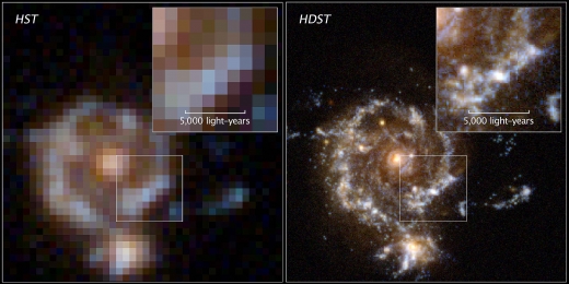 허블 우주 망원경으로 본 100억 광년 떨어진 은하(왼쪽)와 HDST로 본 같은 은하(오른쪽). 성능 차이를 쉽게 보여주기 위한 개념도.