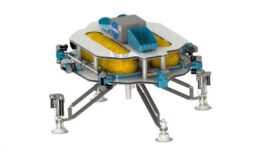 Asteroid Prospector Flyer 프로토타입. 테스트용 짐볼에 탑재된 모습(위)과 개념도(아래)