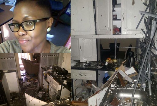 사망한 아내 생전 모습(왼쪽 위)과 수류탄 폭발로 망가진 집안 모습