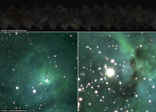 은하수 전경(위)과 석호 성운(아래 왼쪽), 용골자리 에타별(아래 오른쪽)