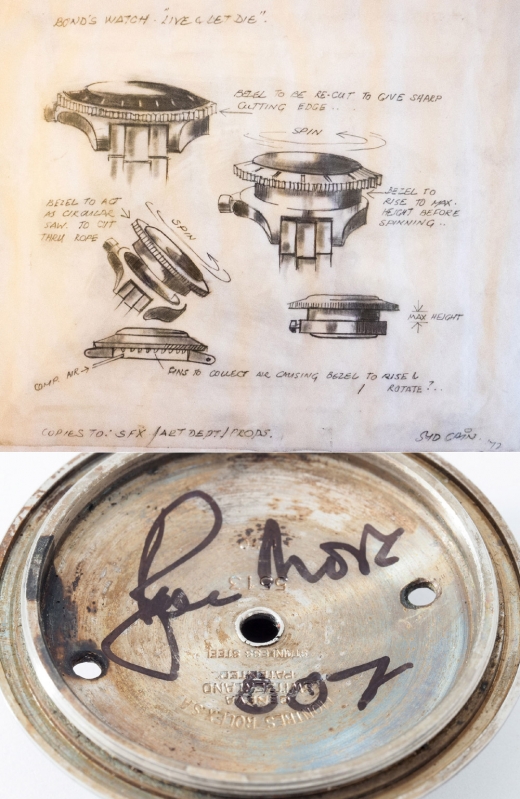 007 시계 톱날 구동 방식(위), 시계 뒷면 뚜껑 속에 담긴 로저 무어의 서명
