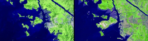 ※ 인천 동구(대한민국). 1981년 9월 - 2013년 9월, 2001년 개항한 인천 국제공항과 2009년 개통한 인천대교를 볼 수 있다.