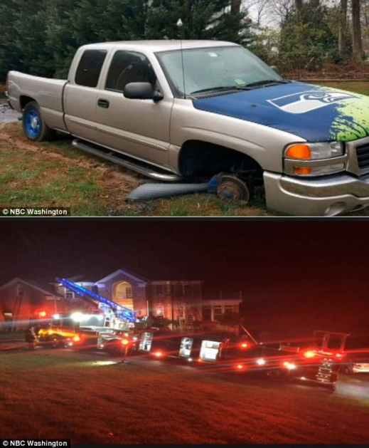에릭 헤펄마이어를 깔아뭉갰던 픽업트럭(위)과 화재가 발생한 가족의 집.