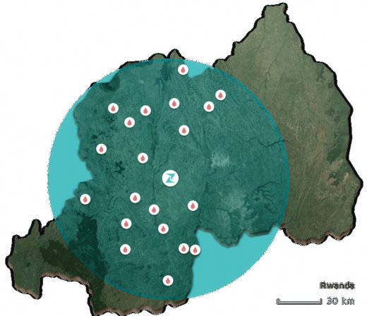 집라인의 드론이 약품과 혈액을 수송할 목표지점인 르완다의 20개 병원.