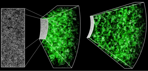 전체 지도의 10%에 해당하는 크기의 3차원 지도, 12만 개의 은하를 표시하고 있다. Credit: Jeremy Tinker and SDSS-III