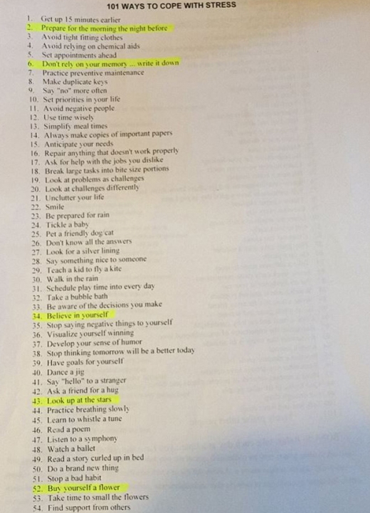 브렛 필립스 교사가 학생들에게 나눠준 ‘스트레스 대처법 프로젝트’ 중  대처법 101가지 소개글. (사진=트위터)