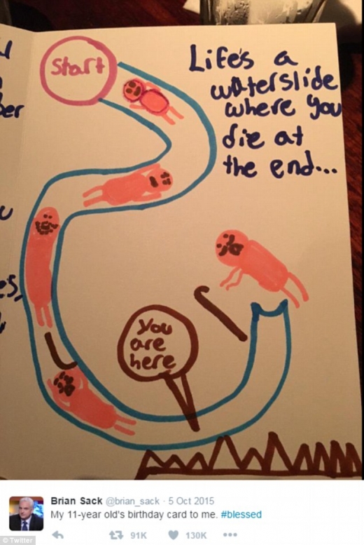 11살짜리 자녀가 준 생일축하 카드. “인생은 죽음으로 끝나는 워터슬라이드에요. 아빠는 여기쯤에 있어요”