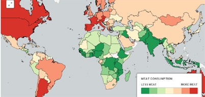 전세계 육류 소비량을 보여주는 지도. (사진=유엔)