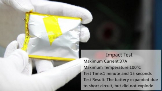 단락 시험, 최대 37A의 전류를 흘리면서 그 온도가 무려 섭씨 100도까지 상승했지만, 배터리가 부풀지언정 폭발하지는 않았다.