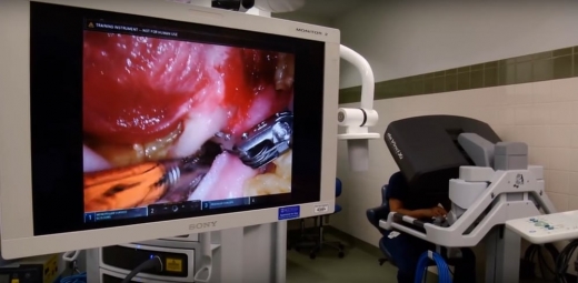 복강경수술을 하는 모습처럼 보이지만, 실은 3D 프린터로 만든 가짜 장기로 수술 실습중인 장면이다. (사진=로체스터대학)