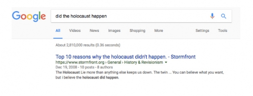 구글 검색창에서 자동 완성된 ‘홀로코스트는 진짜 일어난 일인가요’라는 질문에 최상위 노출되는 사이트.