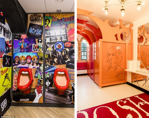 왼쪽은 락앤롤 분위기의 남자화장실, 롤링스톤을 연상시키는 입술모양의 변기를 달았다. 오른쪽은 연필화가 인상적인 여자화장실.