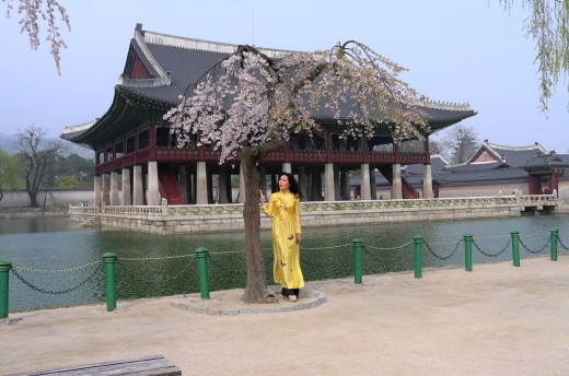 경회루(慶會樓)를 배경으로 사진찍는 중국인 관광객. 동서 128미터, 남북 113미터의 인공 연못이다. 경복궁 내에서 가장 관람객들이 많은 공간이다. 경회루는 정면7칸, 측면 5칸으로 현존하는 한국의 목조 건축물 중 가장 크다.